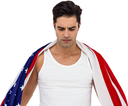 Athlete with american flag wrapped around his body - Powered by Adobe