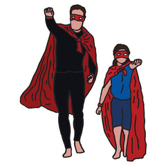 Father and daughter in superhero costumes flying over white background