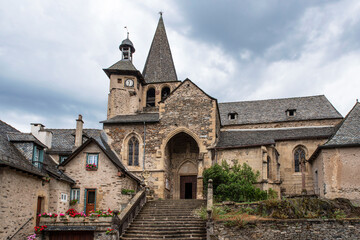 Old church in the town of Estaing in Aveyron on the way to Compostela in France