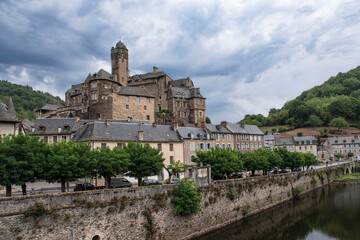 Panorama of the town of Estaing in the Averon in France, an old picturesque stone village