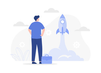 Started business, launch success rocket or entrepreneur, startup project. Modern flat illustration