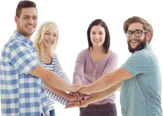 Portrait of smiling business people putting their hands together 