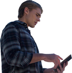 Businessman using digital tablet against white background