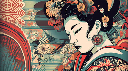 Asian women with flowers in her hair. Generative AI.