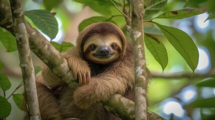 Fototapeta premium Baby sloth in tree. Generative AI