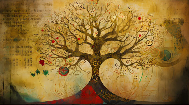 Tree of life with golden background. Generative AI.