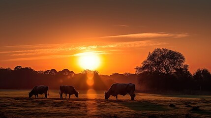 Fototapeta na wymiar Cows in sunset. Generative AI