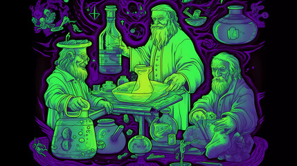 Three alchemist working on a science project. Generative AI.