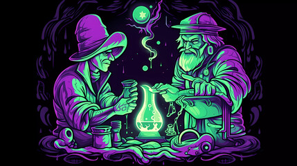 Two alchemist working on a science project. Generative AI.