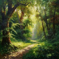 Enchanting painting, summer forest, deciduous trees, coniferous trees, colorful crowns, green foliage, fresh air, quiet atmosphere, solitude, bright contrast, dark shadows, bright Generative AI