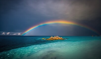  a rainbow over a body of water with a small island in the middle.  generative ai
