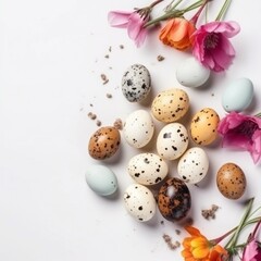 Easter composition of colorful quail eggs and spring flowers over white background. Springtime holidays concept with copy space. Top view Generative AI