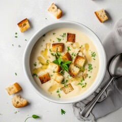 cauliflower potato soup puree on white marble tabletop, Creamy cauliflower soup with toasted bread croutons. Vegetarian healthy food concept. Ideas and recipes for winter meal. Top Generative AI