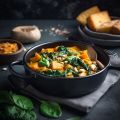 Vegan pumpkin stew dish with spinach served in bowl with spoon on dark kitchen table background with pot and ingredients. Healthy seasonal food and clean eating concept Generative AI