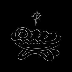 Jesus lies in a manger, above him is a star Christian symbolism pattern
