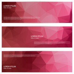 Business webinar horizontal banner templates design. Modern banner design with pink red low poly  background and text. Banner, cover or landing page headers batch. Polygonal neoteric mokups.