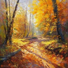 Naklejka na ściany i meble Original oil painting gorgeous forest in autumn, scenic landscape with pleasant warm sunshine fine art Generative AI