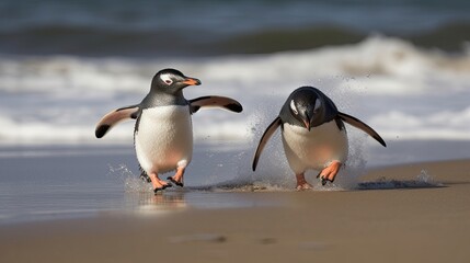 Obraz premium Gentoo penguin chicks chasing on beach. Generative AI