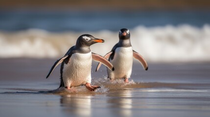 Fototapeta na wymiar Gentoo penguin chicks chasing on beach. Generative AI