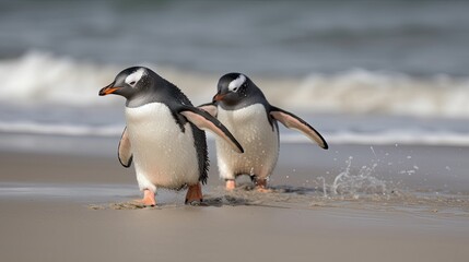 Fototapeta premium Gentoo penguin chicks chasing on beach. Generative AI