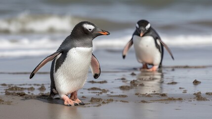 Naklejka premium Gentoo penguin chicks chasing on beach. Generative AI