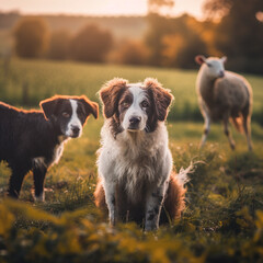 Two dogs and a sheep in the field