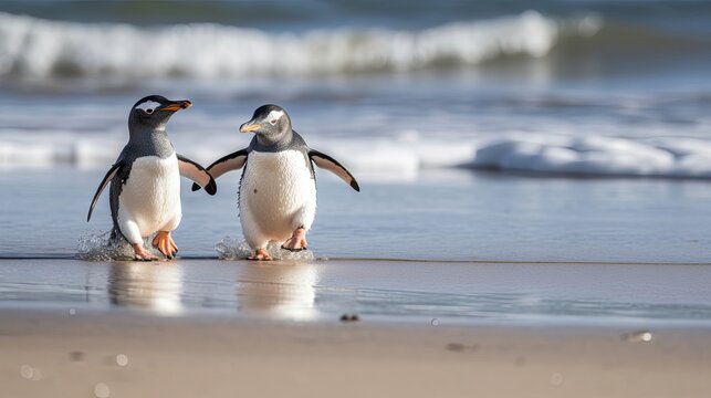 Gentoo penguin chicks chasing on beach. Generative AI