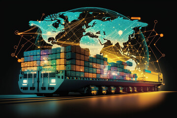 Integrated warehousing and transportation operation service. Network distribution of Container Cargo, Smart logistics and future of transport on global networking. Generative AI