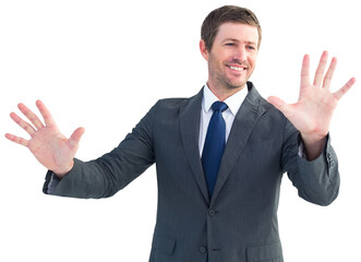 Smiling businessman with hands up