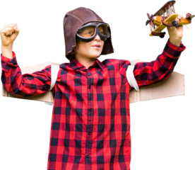 Boy in aviator cap holding toy airplane