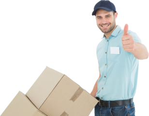 Delivery man with cardboard boxes gesturing thumbs up