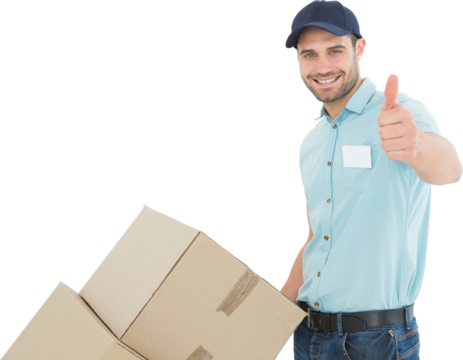 Delivery man with cardboard boxes gesturing thumbs up