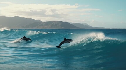 Playful dolphins jumping over breaking waves. Generative AI