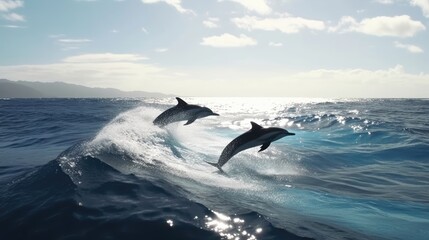 Playful dolphins jumping over breaking waves. Generative AI
