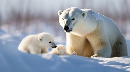 Obraz na płótnie Canvas Polar bear mother and cubs. Generative AI