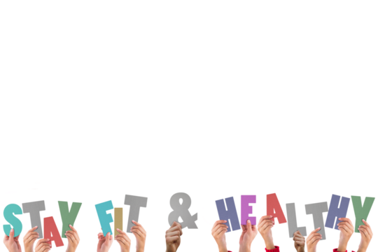 Colorful alphabet spelling stay fit and healthy held up by people  - Powered by Adobe