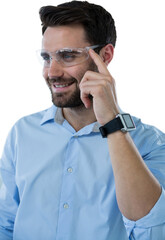 Man wearing protective eyewear with smart watch