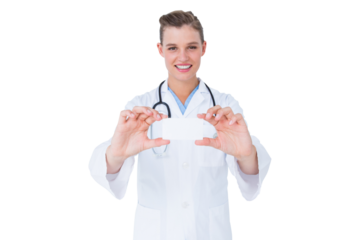 Happy doctor holding card 