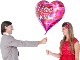 Geeky hipster offering red heart shape balloon to his girlfriend