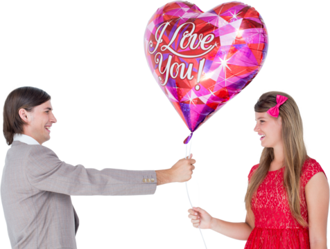 Geeky hipster offering red heart shape balloon to his girlfriend