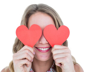 Woman holding heart cards 