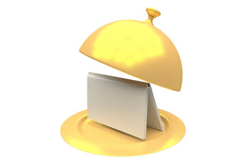 Digitally generated image of golden cloche with menu