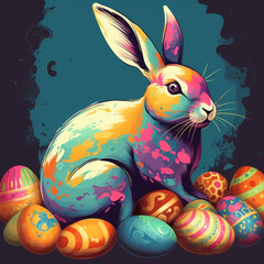 Easter bunny surrounded by Easter eggs