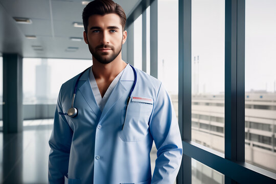 Portrait of handsome young muscular doctor surgeon with black nice hairstyle in hospital wearing blue uniform. Generative AI.