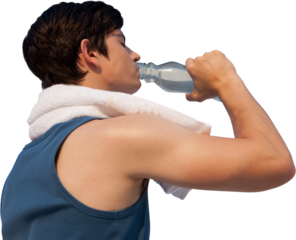 Tired young man drinking water against white background