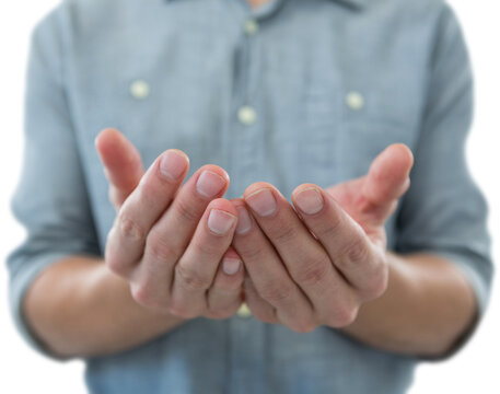 Cupped hands of man holding invisible object
