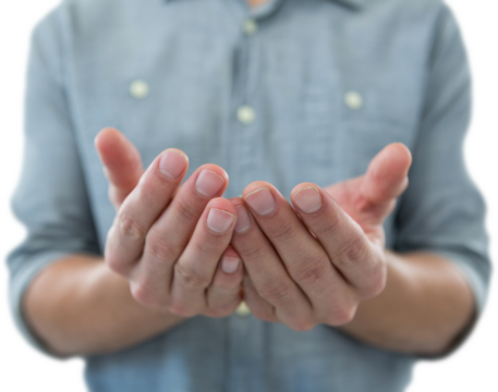 Cupped hands of man holding invisible object - Powered by Adobe