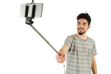 Casual man using a selfie stick