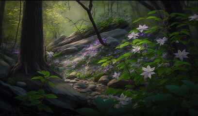  a painting of a forest filled with flowers and rocks and trees.  generative ai
