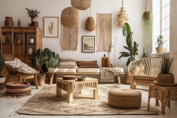 Elegant bohemian living area with wooden seat, plants, cactus, mock up picture frames, and personal decorations. coziness. Template. Generative AI